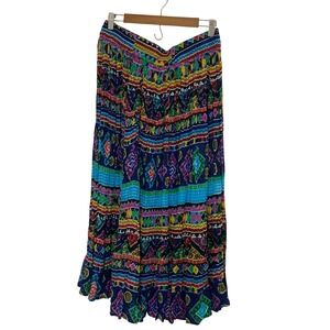 Vtg Lerner Women's XL 100% Cotton Boho Maxi Skirt Vibrant Geometric Print‎ Y2K